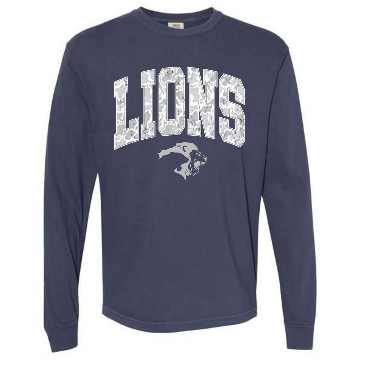 ADULT NAVY LONG SLEEVE GREY CAMO LIONS TEE